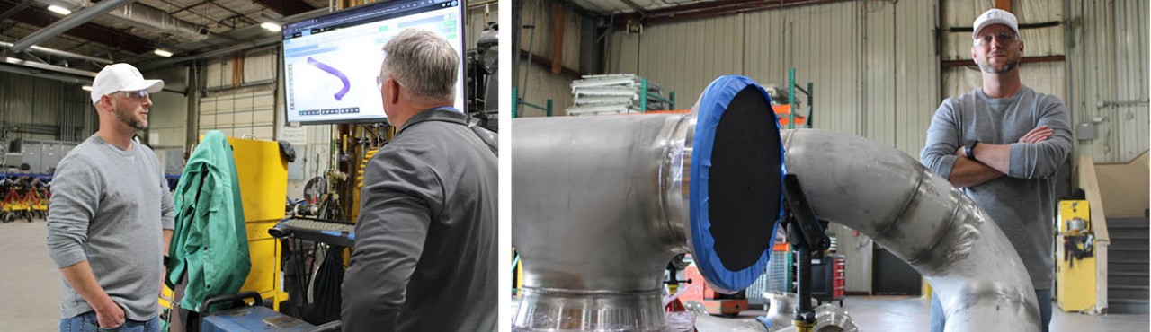 Jeremy Price standing with fabricated stainless pipe and Jeremy Price talking to Steve Hinshaw in front of a screen displaying Stratus fabrication software