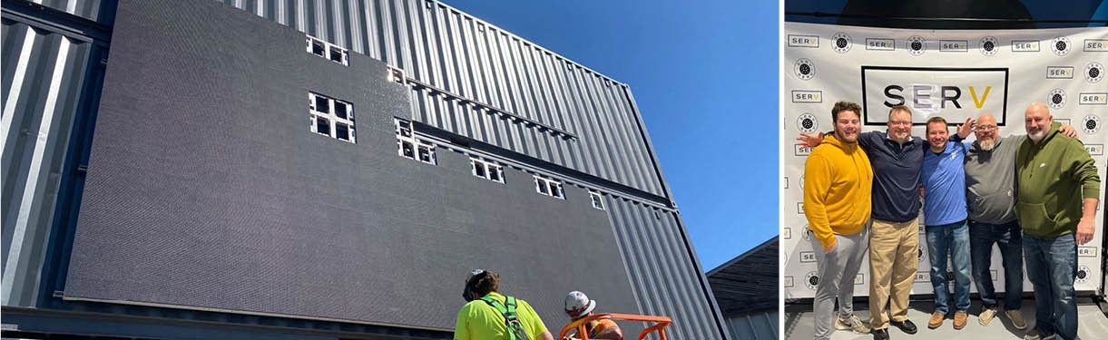 P1 Building Technologies team installing massive video wall at SERV pickleball and entertainment venue